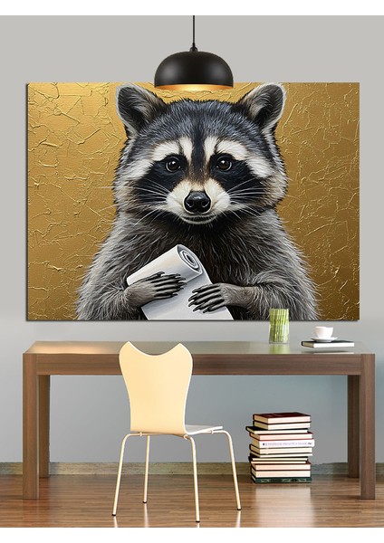 Parlak Altın Zeminli Rakun Portresi Dekoratif Kanvas - Mdf Ahşap Tablo indirimleri