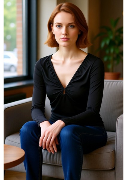 Kadın V Yaka Büzgülü Uzun Kollu Vücuda Oturan Örme Bluz Kaliteli Şık Rahat Modern Zarif Günlük