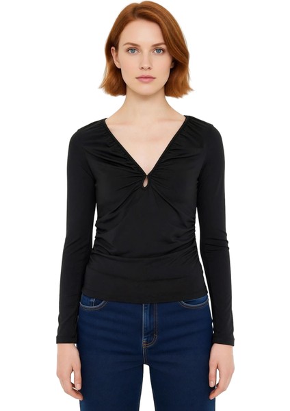 Kadın V Yaka Büzgülü Uzun Kollu Vücuda Oturan Örme Bluz Kaliteli Şık Rahat Modern Zarif Günlük fiyatları