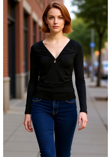 Kadın V Yaka Büzgülü Uzun Kollu Vücuda Oturan Örme Bluz Kaliteli Şık Rahat Modern Zarif Günlük fırsatları