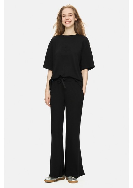 Uranıa Siyah Ispanyol Paça Gofre Baskı Loose Fit Kadın Eşofman Alt