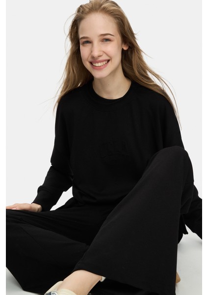 Uranıa Siyah Ispanyol Paça Gofre Baskı Loose Fit Kadın Eşofman Alt modelleri