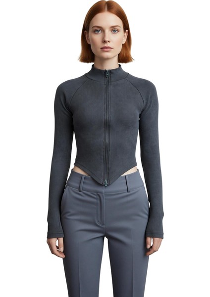 Stil Kadın Yıkamalı Fermuarlı Fitted Vücuda Oturan Fitilli Esnek Bluz Regular Örme Slim Kalıp