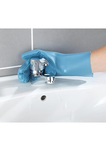 Wenko Silikon Temizleme Eldiveni Rena, 2&apos;li Set, Çok Fonksiyonlu Bulaşık Eldiveni, Tüm Ev Için, Entegre Temizleme Fırçası, Bulaşık Makinesinde Yıkanabilir, 33 x 1,5 x 15,5 cm Mavi