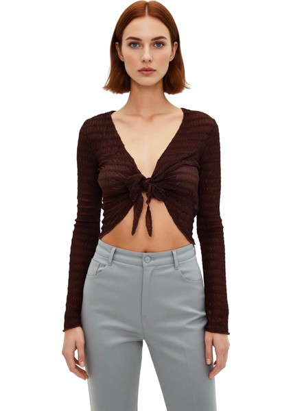 Kadın Esnek Örme Gofre Dokulu V Yaka Bluz Regular Kalıp Ispanyol Kol Crop Model Günlük Kullanıma