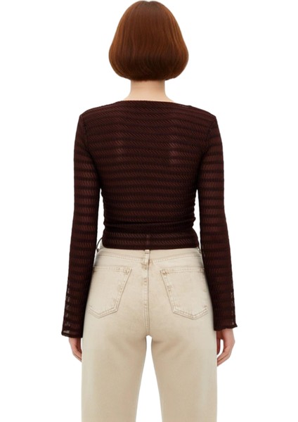 Kadın Esnek Örme Gofre Dokulu V Yaka Bluz Regular Kalıp Ispanyol Kol Crop Model Günlük Kullanıma fiyatları