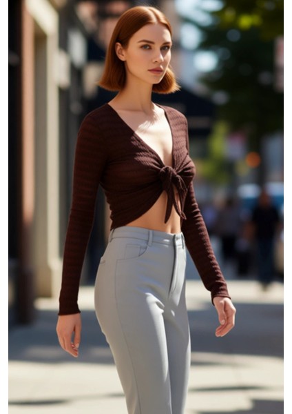 Kadın Esnek Örme Gofre Dokulu V Yaka Bluz Regular Kalıp Ispanyol Kol Crop Model Günlük Kullanıma modelleri