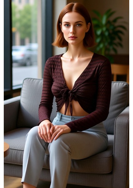 Kadın Esnek Örme Gofre Dokulu V Yaka Bluz Regular Kalıp Ispanyol Kol Crop Model Günlük Kullanıma fırsatları