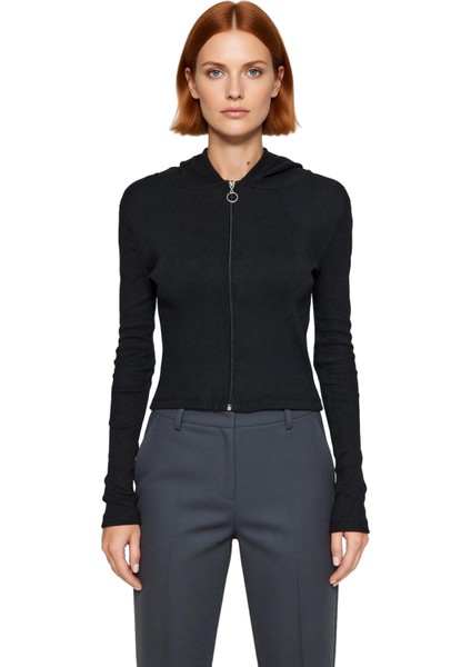 Stil Kadın ve Fermuarlı Fitilli Fitted Vücuda Oturan Esnek Bluz Crop Örme Slim Kalıp