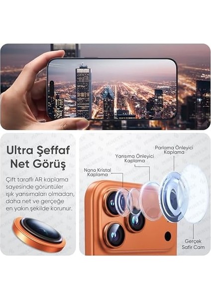17 Pro / 17 Pro Max ile UYUMLU%100 Orijinal Gerçek Safir Cam Cihazın Kendi Lensleri ile Aynı Kalitede Lens Koruyucu Kamera Camı (Kozmik Turuncu) modelleri