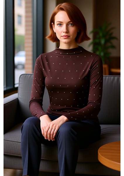 Kadın Yüksek Yaka Detaylı Uzun Kollu Fitted Örme Bluz Kaliteli Şık Rahat Modern Zarif Günlük