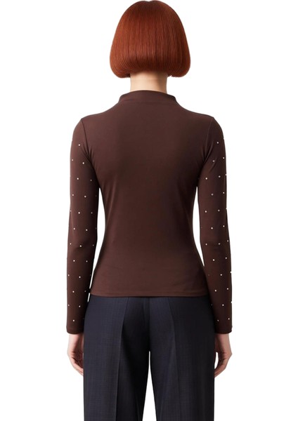 Kadın Yüksek Yaka Detaylı Uzun Kollu Fitted Örme Bluz Kaliteli Şık Rahat Modern Zarif Günlük modelleri