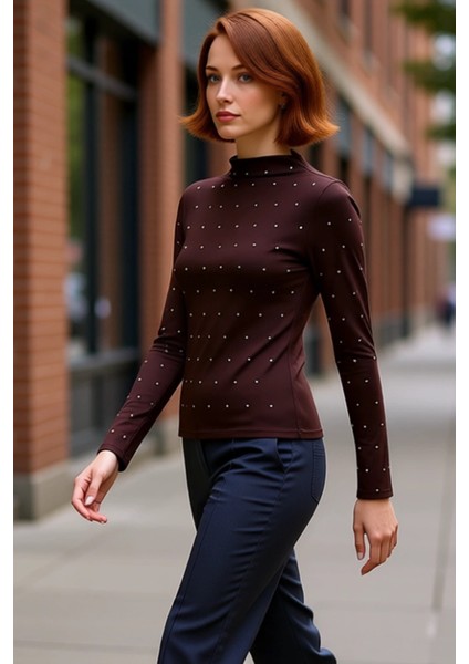 Kadın Yüksek Yaka Detaylı Uzun Kollu Fitted Örme Bluz Kaliteli Şık Rahat Modern Zarif Günlük fırsatları