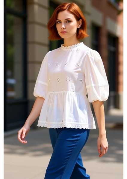 Kadın Pamuklu Brode Detaylı Bisiklet Yaka Bluz Kaliteli Şık Rahat Modern Zarif Günlük modelleri