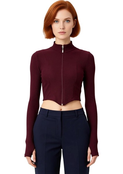 Kadın Fermuarlı Dik Yaka Örme Crop Üst Kaliteli Şık Rahat Modern Zarif Günlük fiyatları