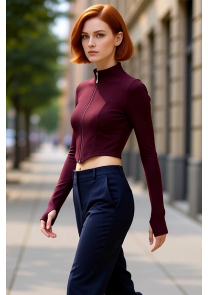 Kadın Fermuarlı Dik Yaka Örme Crop Üst Kaliteli Şık Rahat Modern Zarif Günlük fırsatları