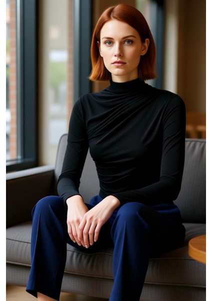 Kadın Moda Şık Üst Giyim Crop Dik Yaka Slim Kalıp Örme Büzgülü Kare Yaka Vücuda Oturan Esnek Bluz