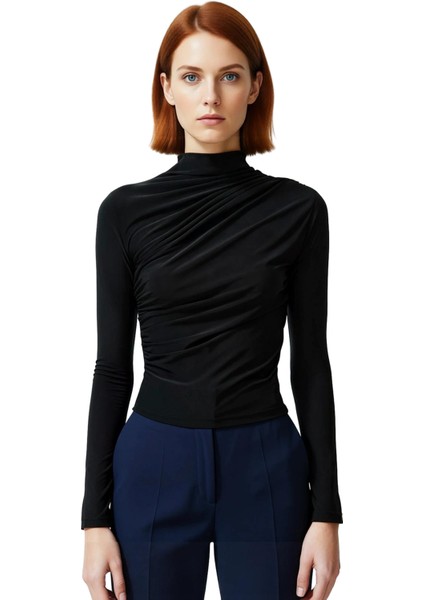 Kadın Moda Şık Üst Giyim Crop Dik Yaka Slim Kalıp Örme Büzgülü Kare Yaka Vücuda Oturan Esnek Bluz fiyatları