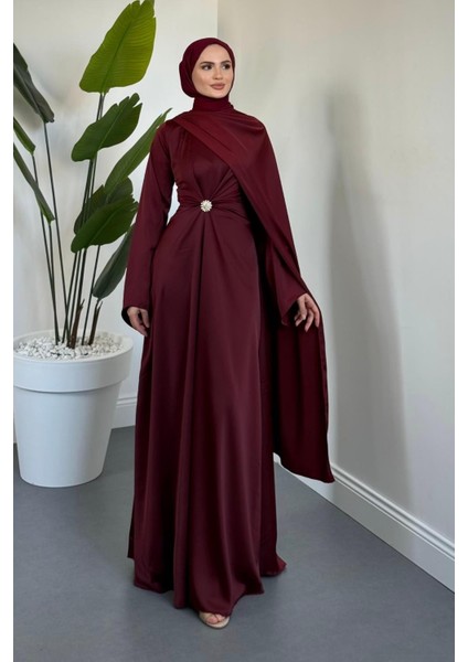 Wave Broşlu Pelerinli Saten Abiye Bordo
