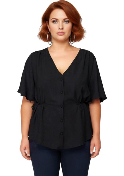 Moda Büyük Beden V Yaka Dokuma Regular Düz Desen Casual Günlük Regular Kısa Kol Bluz