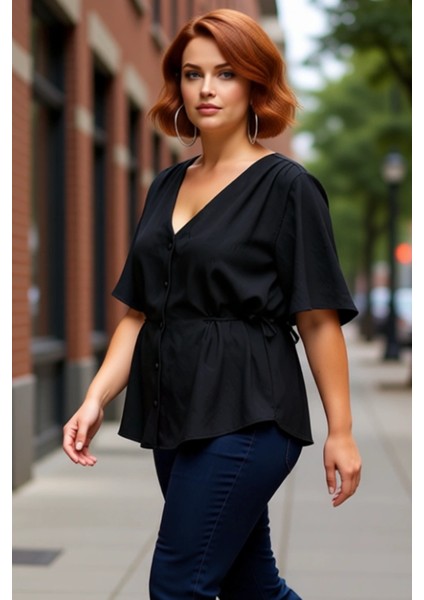 Moda Büyük Beden V Yaka Dokuma Regular Düz Desen Casual Günlük Regular Kısa Kol Bluz modelleri