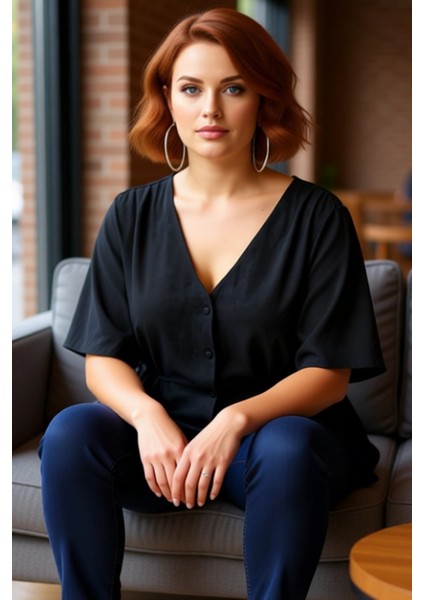 Moda Büyük Beden V Yaka Dokuma Regular Düz Desen Casual Günlük Regular Kısa Kol Bluz fırsatları