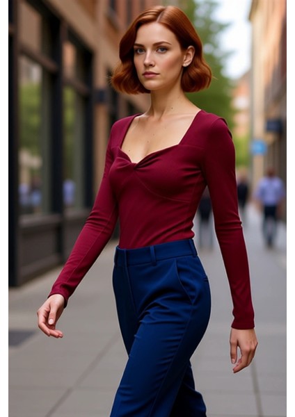 Kadınlar Için Esnek Örme Vücuda Oturan Crop Bluz Kalp Yaka Detaylı Kaliteli Şık Rahat Modern modelleri