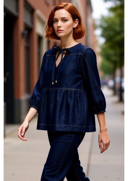 Kadın Pamuklu Denim Bluz Bağcıklı Yaka ve Balon Kol Detaylı Kaliteli Şık Rahat Modern Zarif