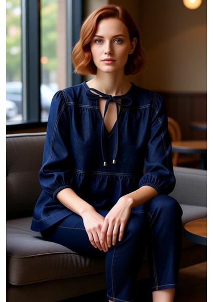 Kadın Pamuklu Denim Bluz Bağcıklı Yaka ve Balon Kol Detaylı Kaliteli Şık Rahat Modern Zarif fiyatları