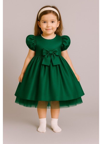 Kız Çocuk Ön Arka Fiyonk Detaylı Yaka Incili Balo Parti Mezuniyet Doğum Günü Elbise