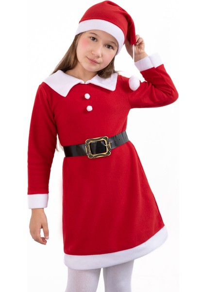 Kırmızı Kız Çocuk Yılbaşı Temalı Şapkalı Elbise 23326