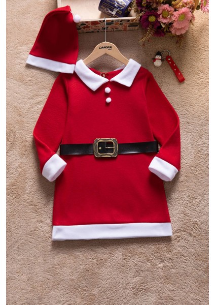 Kırmızı Kız Çocuk Yılbaşı Temalı Şapkalı Elbise 23326 modelleri