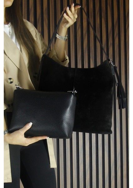 Siyah Hakiki Dana Süet Püsküllü Manyetik Kapaklı Büyük Boy Günlük Omuz Çantası ve El Çantası