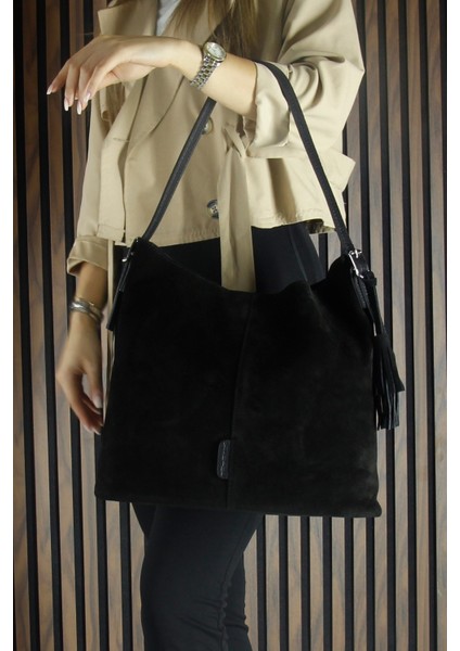 Siyah Hakiki Dana Süet Püsküllü Manyetik Kapaklı Büyük Boy Günlük Omuz Çantası ve El Çantası fiyatları