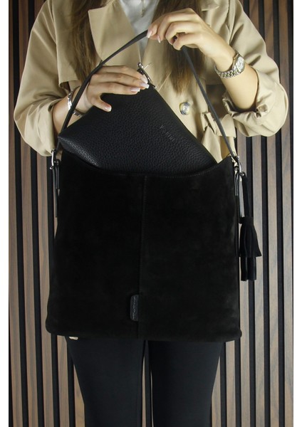 Siyah Hakiki Dana Süet Püsküllü Manyetik Kapaklı Büyük Boy Günlük Omuz Çantası ve El Çantası fırsatları