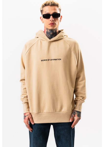 Erkek Bej Sweatshirt Oversize Kapüşonlu Baskılı Yumusaçık Kumaşlı