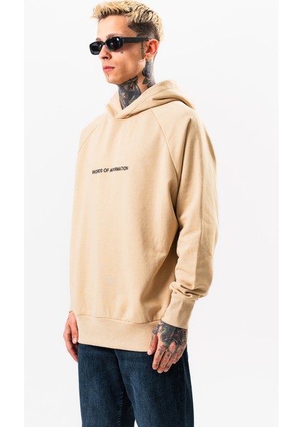 Erkek Bej Sweatshirt Oversize Kapüşonlu Baskılı Yumusaçık Kumaşlı fiyatları