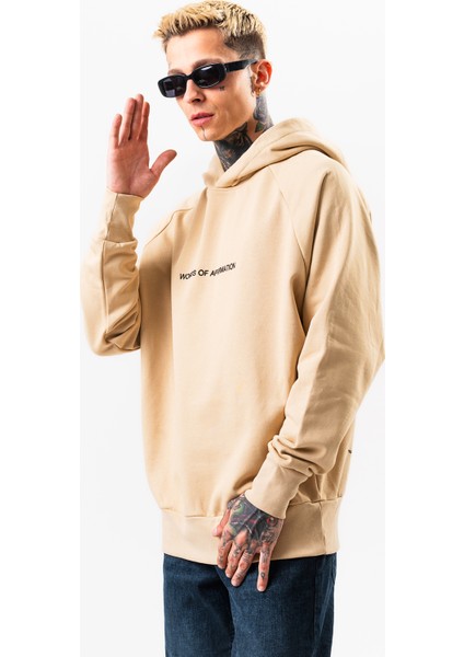 Erkek Bej Sweatshirt Oversize Kapüşonlu Baskılı Yumusaçık Kumaşlı modelleri