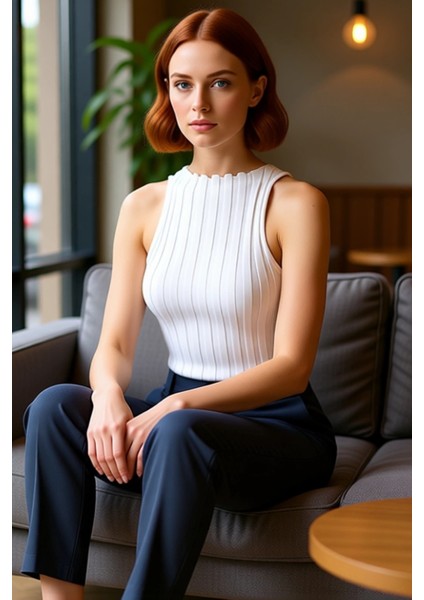 Kadın Kayık Yaka Fitilli Triko Kolsuz Kaliteli Şık Rahat Modern Zarif Günlük fiyatları