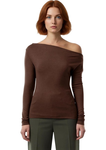 Moda Kayık Yaka Örme Slim Çizgili Desen Casual Günlük Regular Uzun Kol Bluz