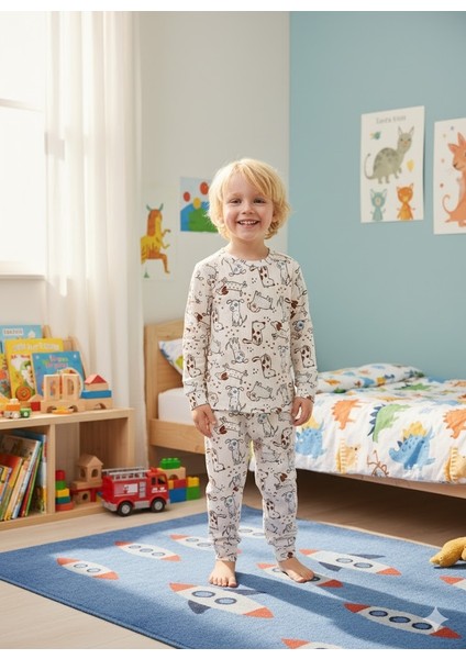 Yeni Sezon Kız Erkek Çocuk Fitilli Pamuk Pijama Takımı