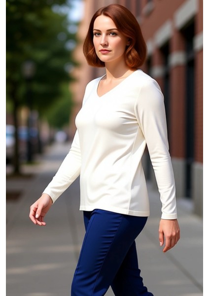 Kadın Fitted V Yaka Uzun Kollu Örme Bluz Kaliteli Şık Rahat Modern Zarif Günlük fırsatları