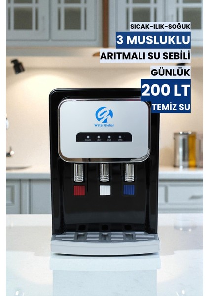 Arıtmalı Tezgah Üstü Su Sebili 80 Gpd Ro - Sıcak, Ilık ve Soğuk-Siyah (Üreticiden)
