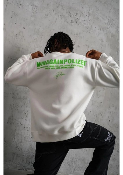 Erkek Oversize Sweatshirt – Beyaz Renk | Ön ve Sırt Baskılı, Üç Iplik Içi Pamuklu Kumaş, Rahat Kalıp, Ribanalı Kışlık Sweat | Winagain Polizei Serisi - Beyaz