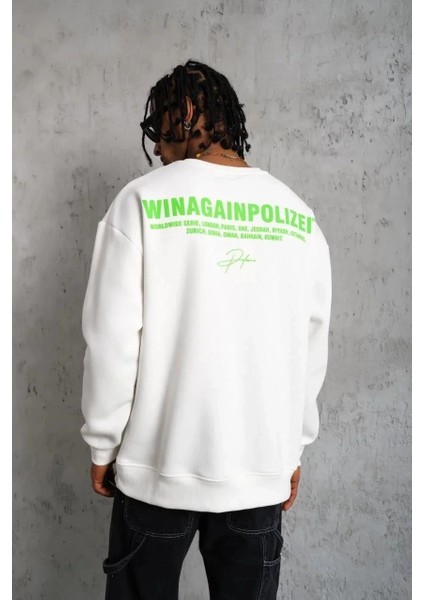 Erkek Oversize Sweatshirt – Beyaz Renk | Ön ve Sırt Baskılı, Üç Iplik Içi Pamuklu Kumaş, Rahat Kalıp, Ribanalı Kışlık Sweat | Winagain Polizei Serisi - Beyaz modelleri