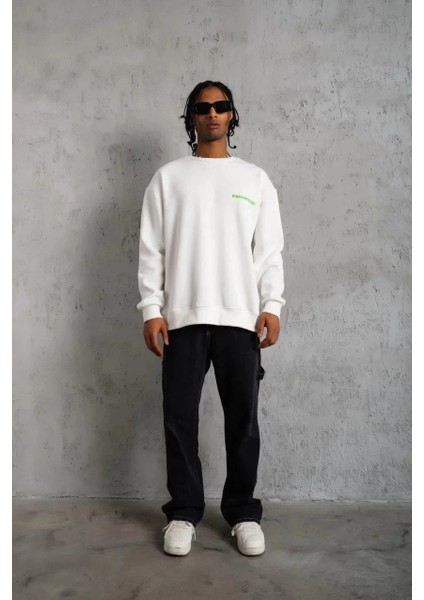 Erkek Oversize Sweatshirt – Beyaz Renk | Ön ve Sırt Baskılı, Üç Iplik Içi Pamuklu Kumaş, Rahat Kalıp, Ribanalı Kışlık Sweat | Winagain Polizei Serisi - Beyaz fırsatları