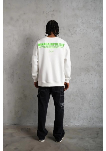 Erkek Oversize Sweatshirt – Beyaz Renk | Ön ve Sırt Baskılı, Üç Iplik Içi Pamuklu Kumaş, Rahat Kalıp, Ribanalı Kışlık Sweat | Winagain Polizei Serisi - Beyaz indirimleri