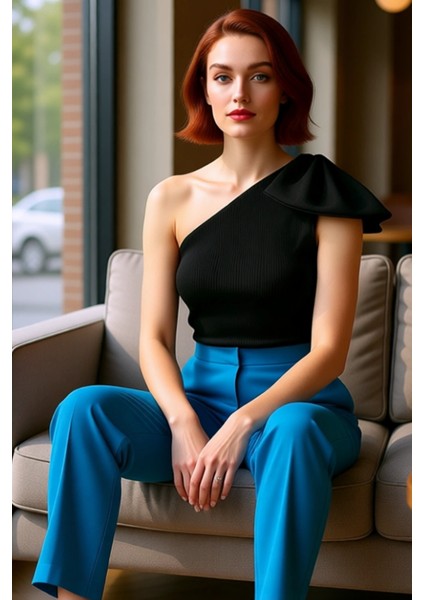 Kadınlar Için Şık Fiyonk Detaylı Tek Kol Triko Üst Kaliteli Şık Rahat Modern Zarif Günlük