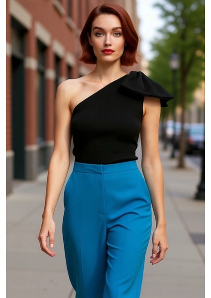 Kadınlar Için Şık Fiyonk Detaylı Tek Kol Triko Üst Kaliteli Şık Rahat Modern Zarif Günlük fırsatları