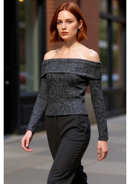 Kadın Düşük Omuzlu Carmen Yaka Uzun Kollu Vücuda Oturan Örme Üst Kaliteli Şık Rahat Modern fırsatları